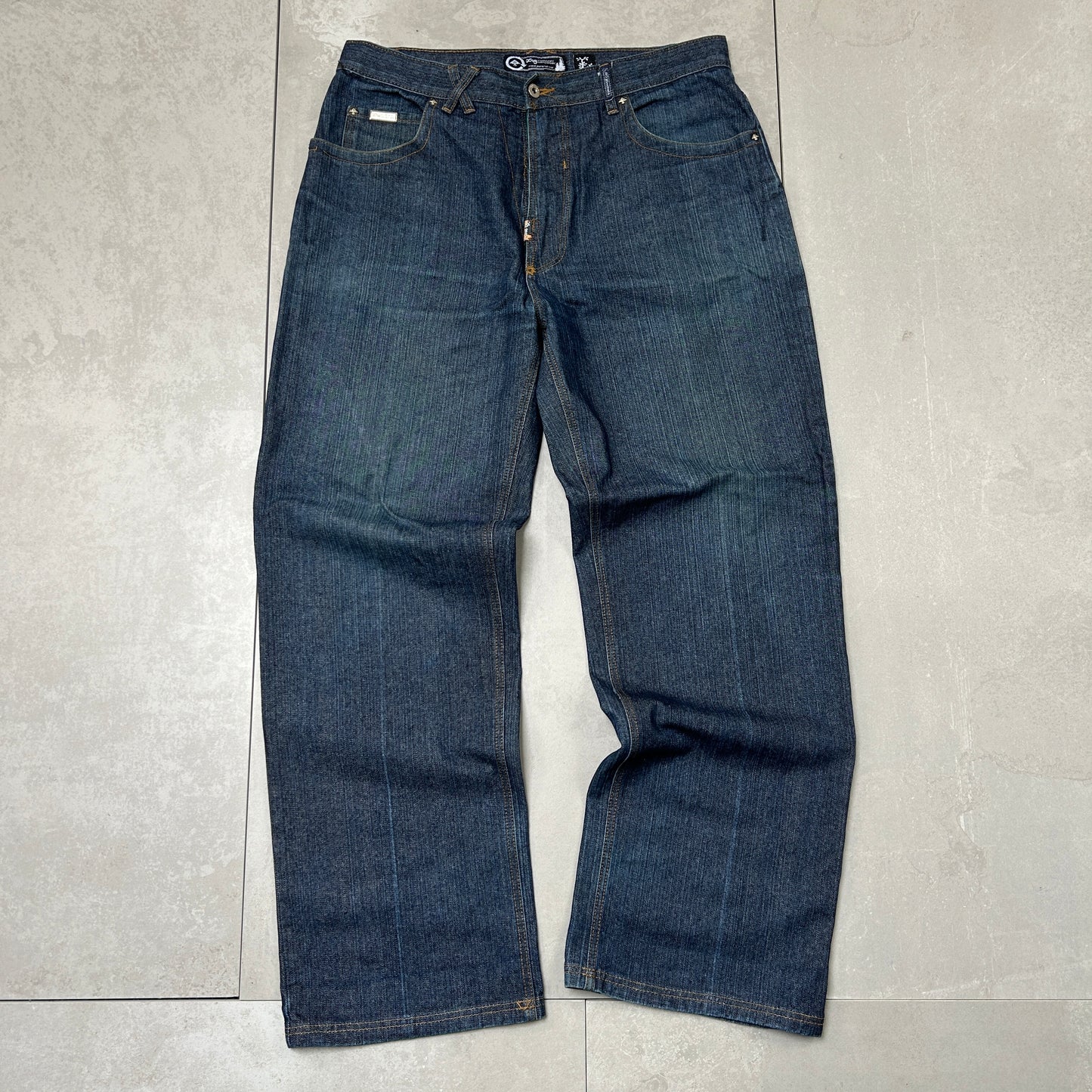Vintage Embroidered LRG Hip Hop Baggy Blue Jeans - 36