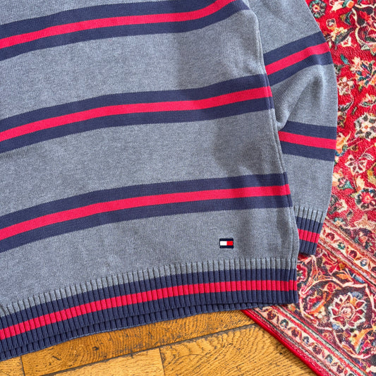 Vintage Tommy Hilfiger Grey Stripe Chunky Knit Jumper - XL