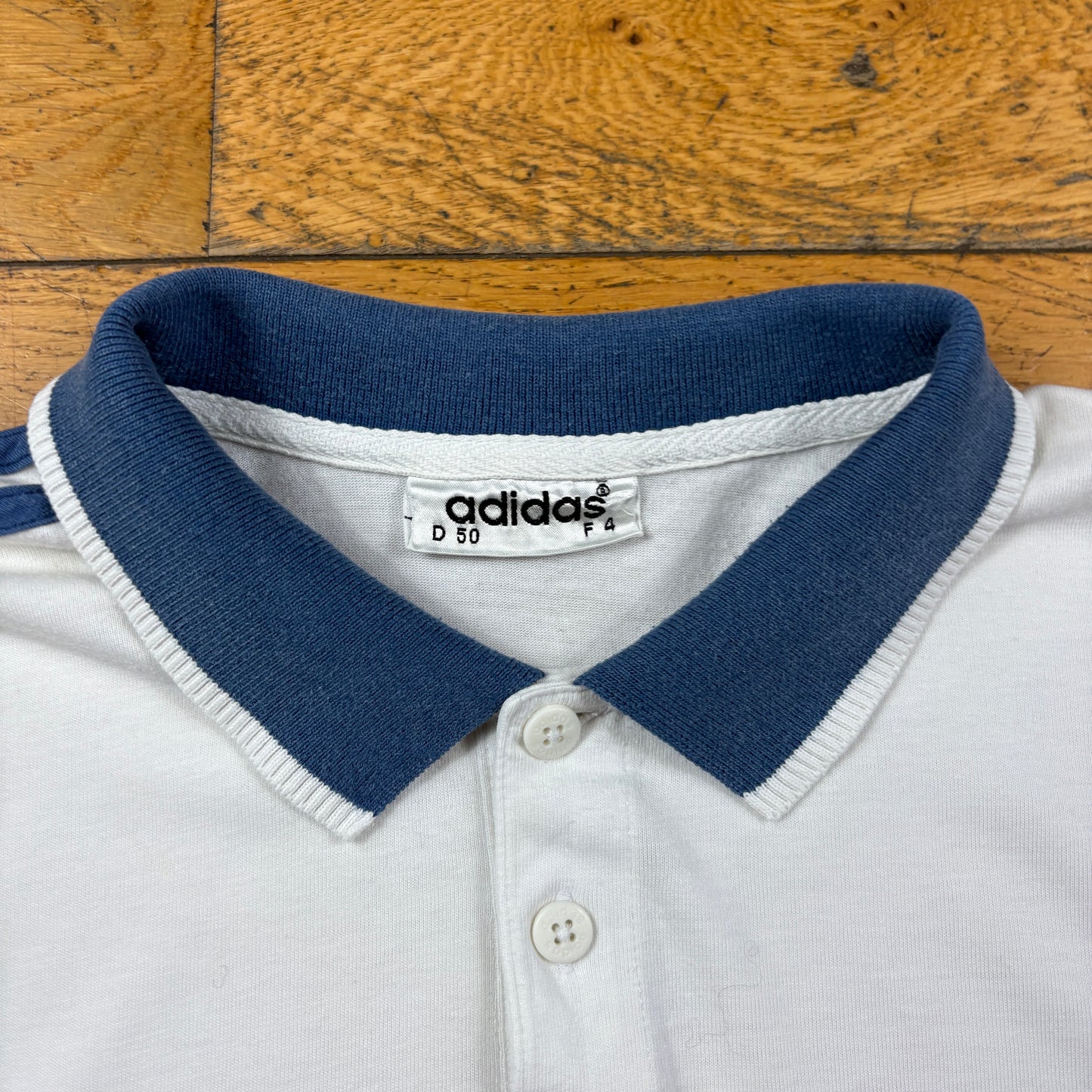 Vintage Adidas White Blue Polo T-Shirt - M