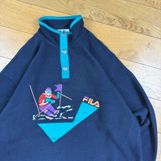 Vintage 90s Fila Skiing Navy Embroidered Fleece Sweatshirt - L