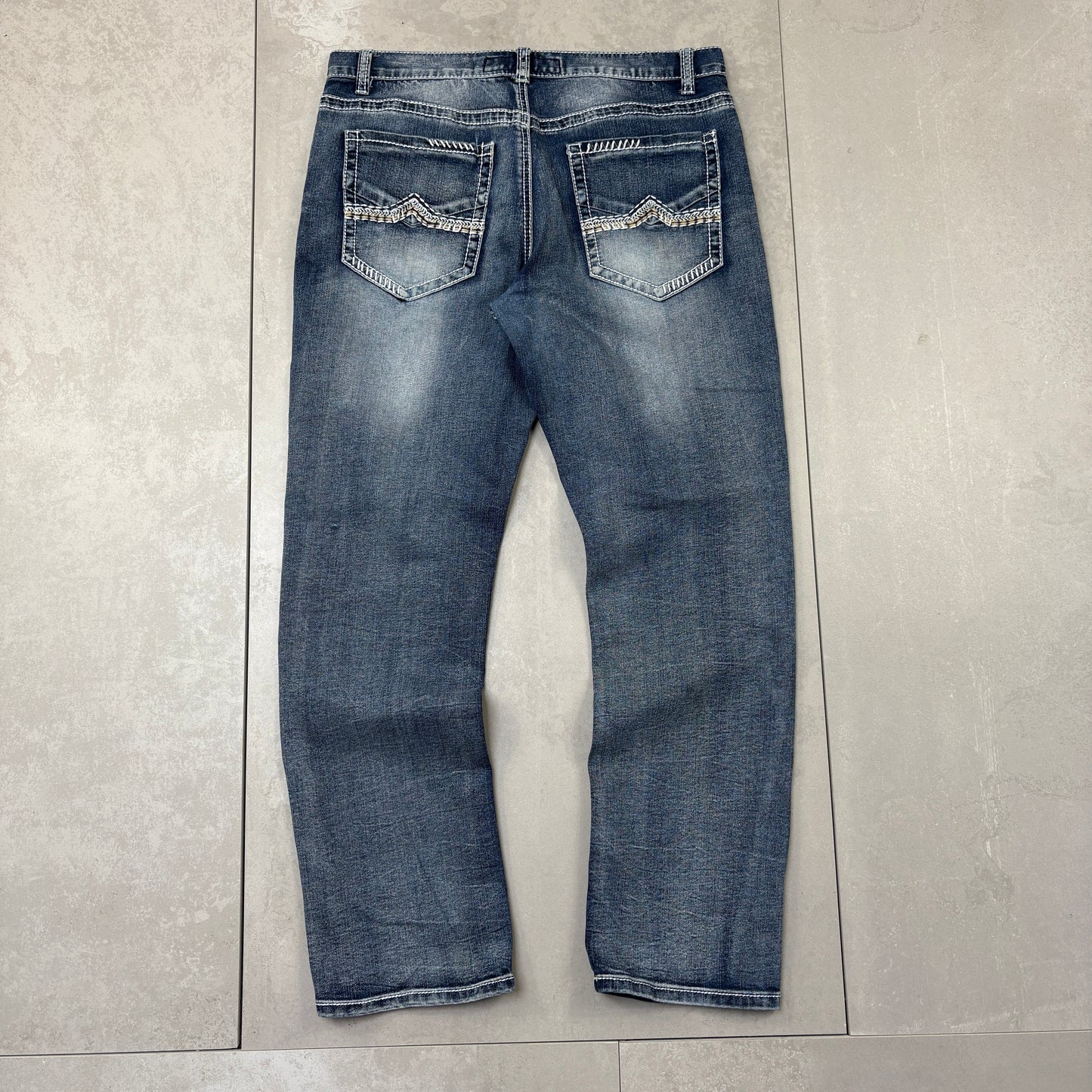 Vintage True Luck Embroidered Hip Hop Straight Blue Jeans - 34