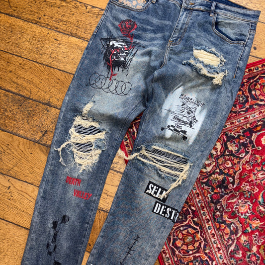 Vintage Blue Distressed Grunge Slim Blue Y2K Jeans - 38L