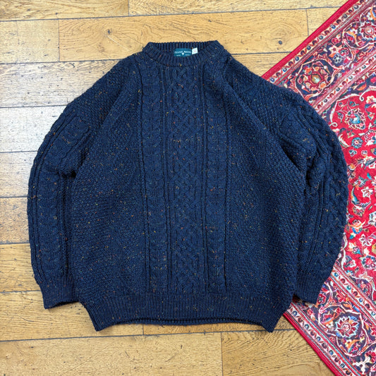Vintage Navy Chunky Cable Arran Wool Knit Jumper - XL