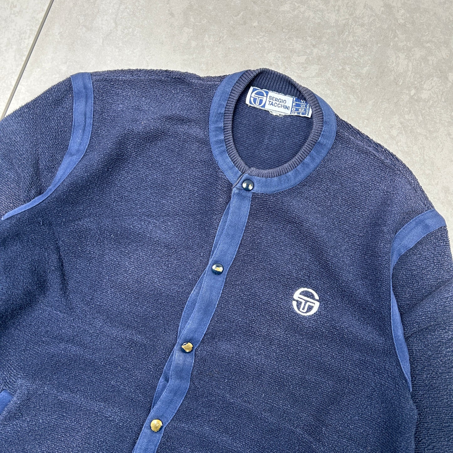 Vintage Sergio Tacchini Navy Embroiderd Cardigan Chunky Knit Jumper - M