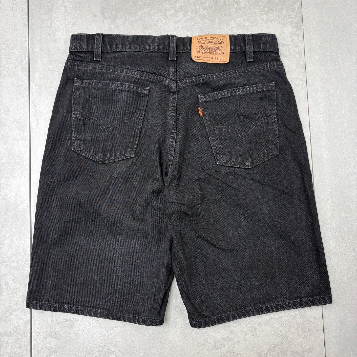 Vintage Levis 550 Orange Tab Black Baggy Denim Shorts - 36