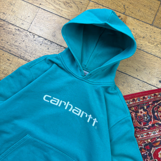 Vintage Blue Green Carhartt WIP Embroidered Hoodie Sweatshirt - L