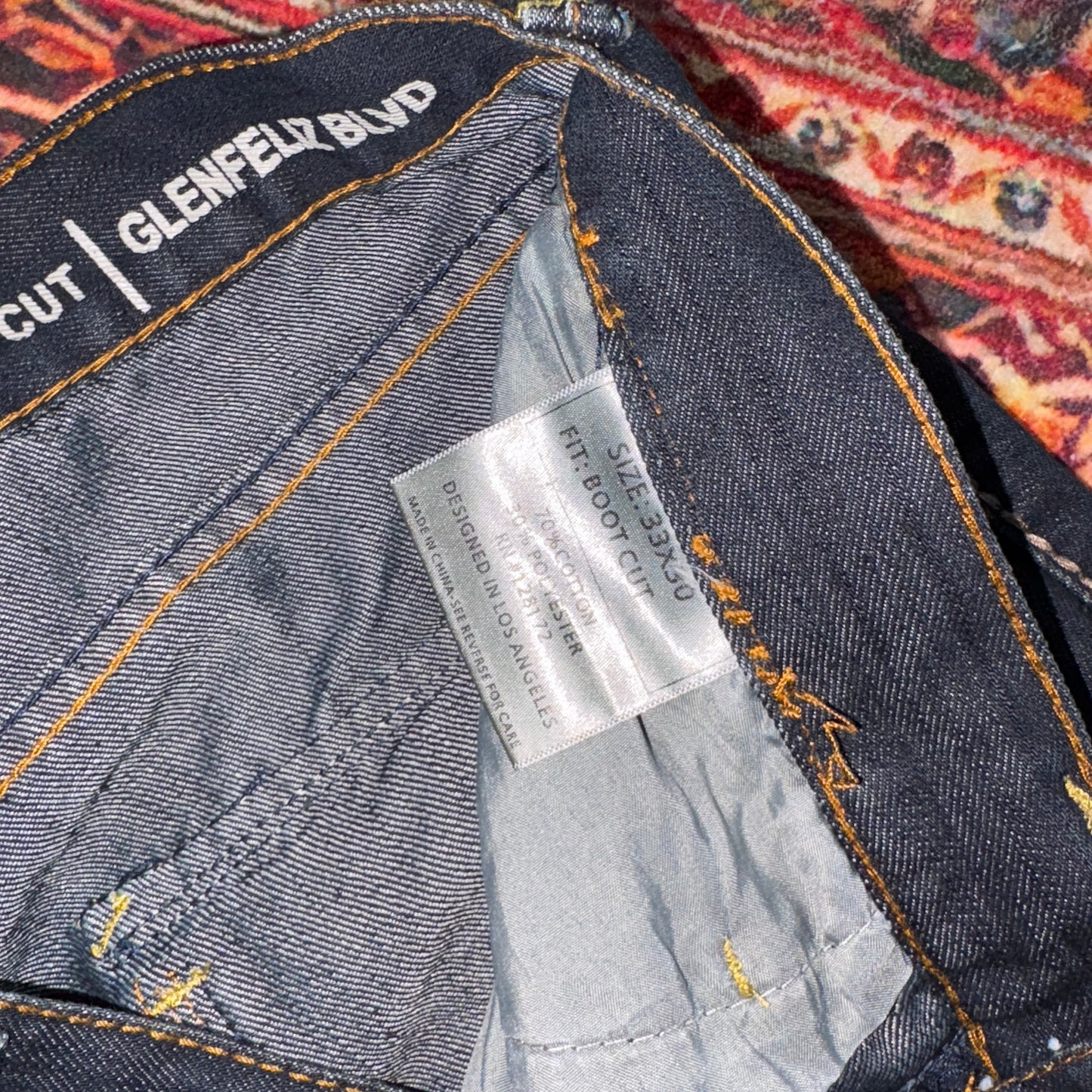 Vintage Navy Blue Embroidered Y2K Hip Hop Bootcut Baggy Jeans - 34S
