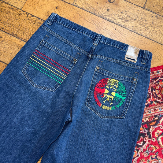 Vintage Akcess Blue Embroidered Y2K Hip Hop Baggy Jeans Shorts Jorts - 38