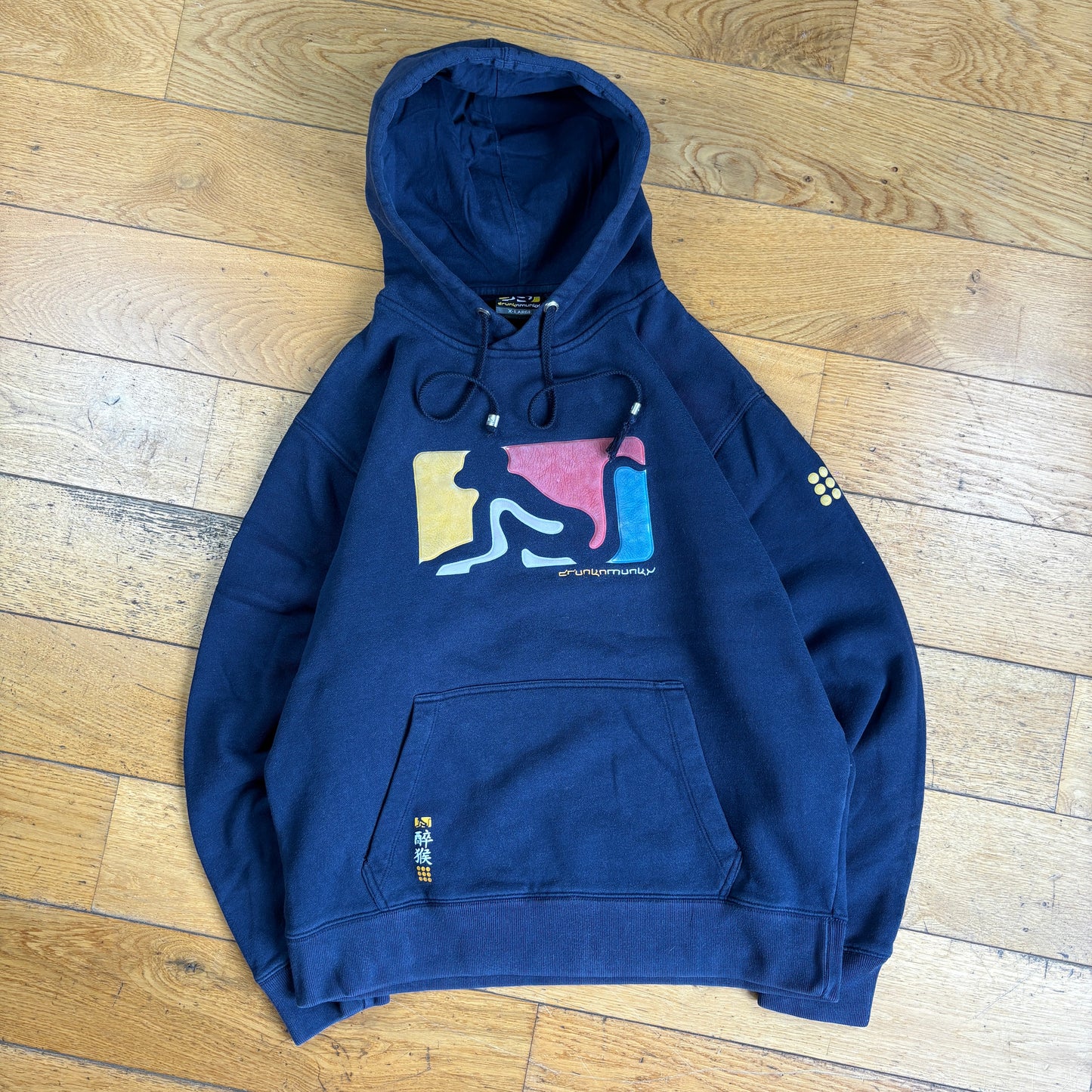 Vintage Drunknmunky Navy Embroidered Hoodie Boxy Sweatshirt - L