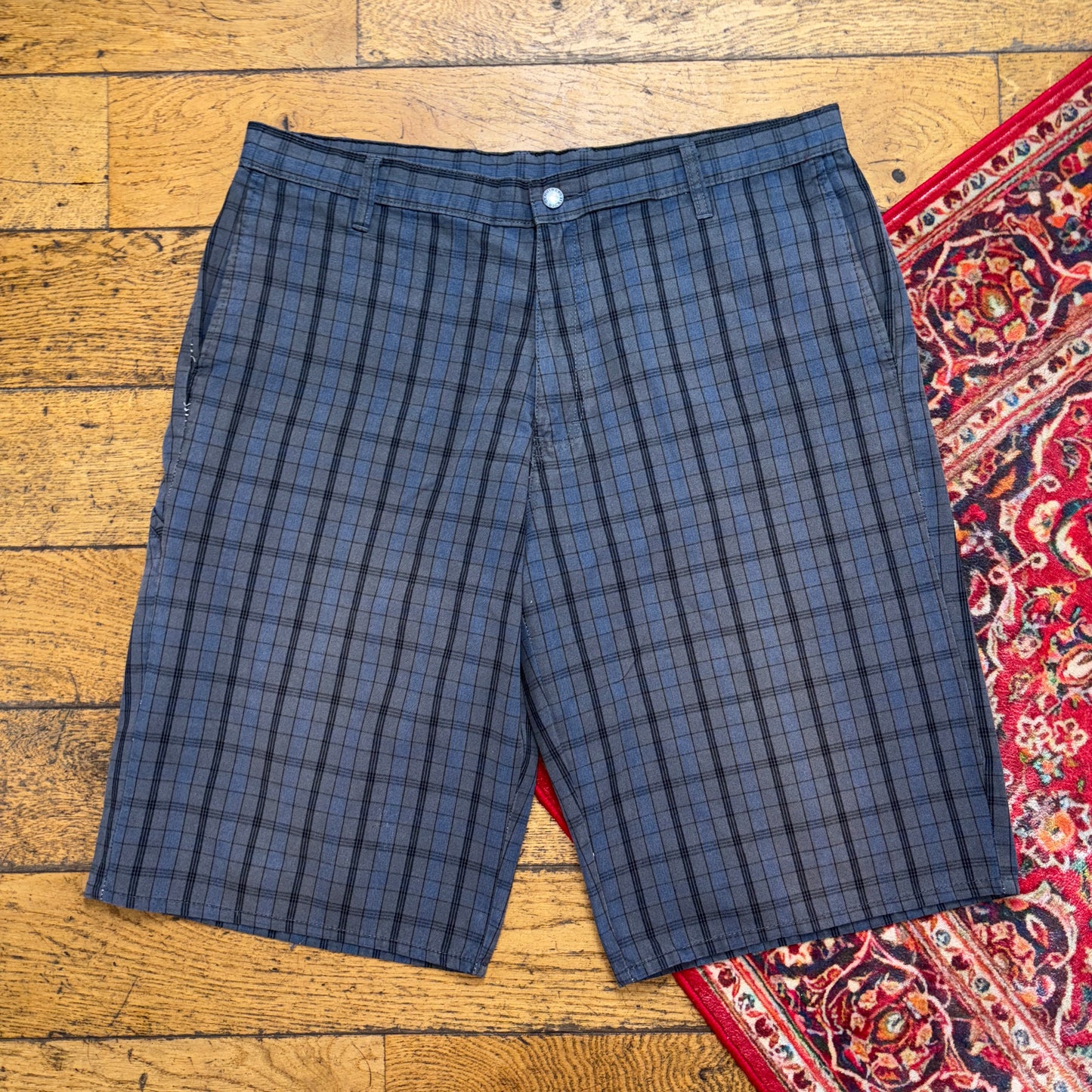 Vintage Dickies Grey Blue Check Plaid Workwear Carpenter Baggy Shorts - 38