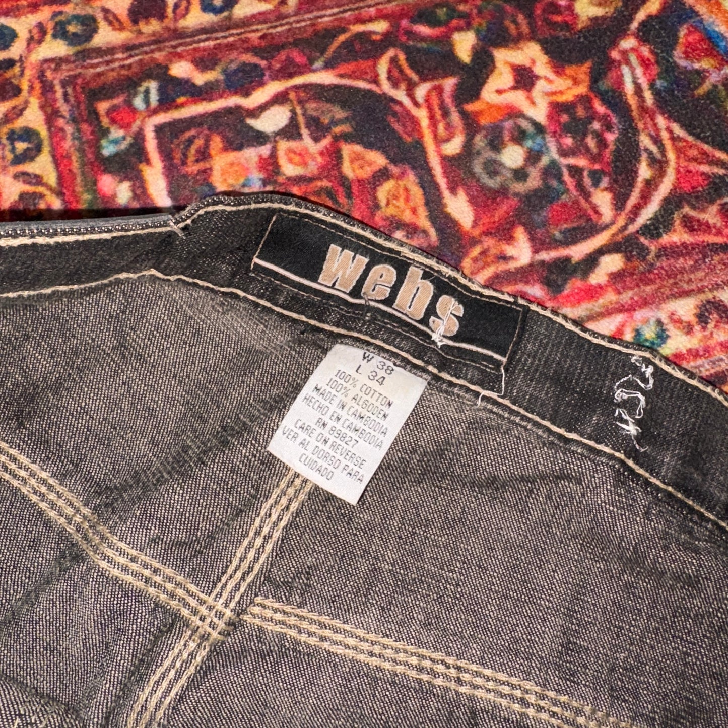 Vintage Webs Black Double Knee Embroidered Y2K Hip Hop Baggy Jeans - 38S