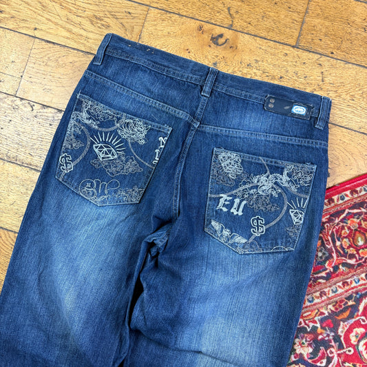 Vintage Ecko Unltd Blue Embroidered Y2K Hip Hop Baggy Jeans - 36