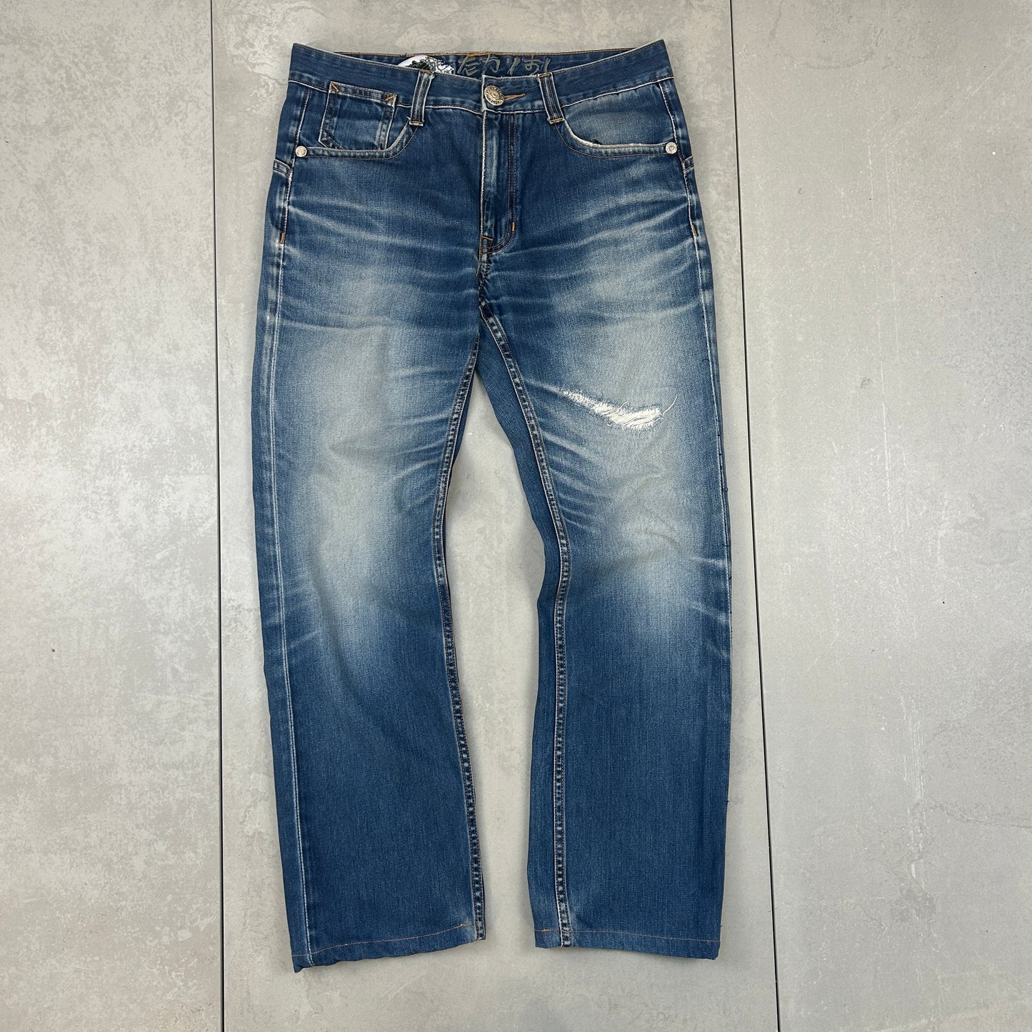 Vintage Rare Big Train Embroidered Japanese Denim Blue Straight Jeans - 34