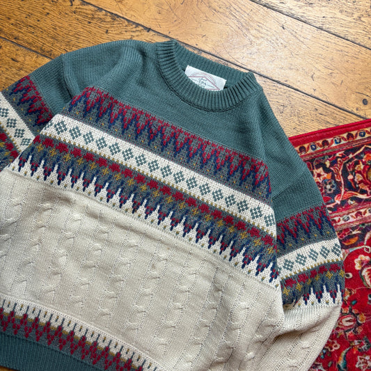 Vintage Green Cream Pattern Wool Chunky Knit Jumper - XL