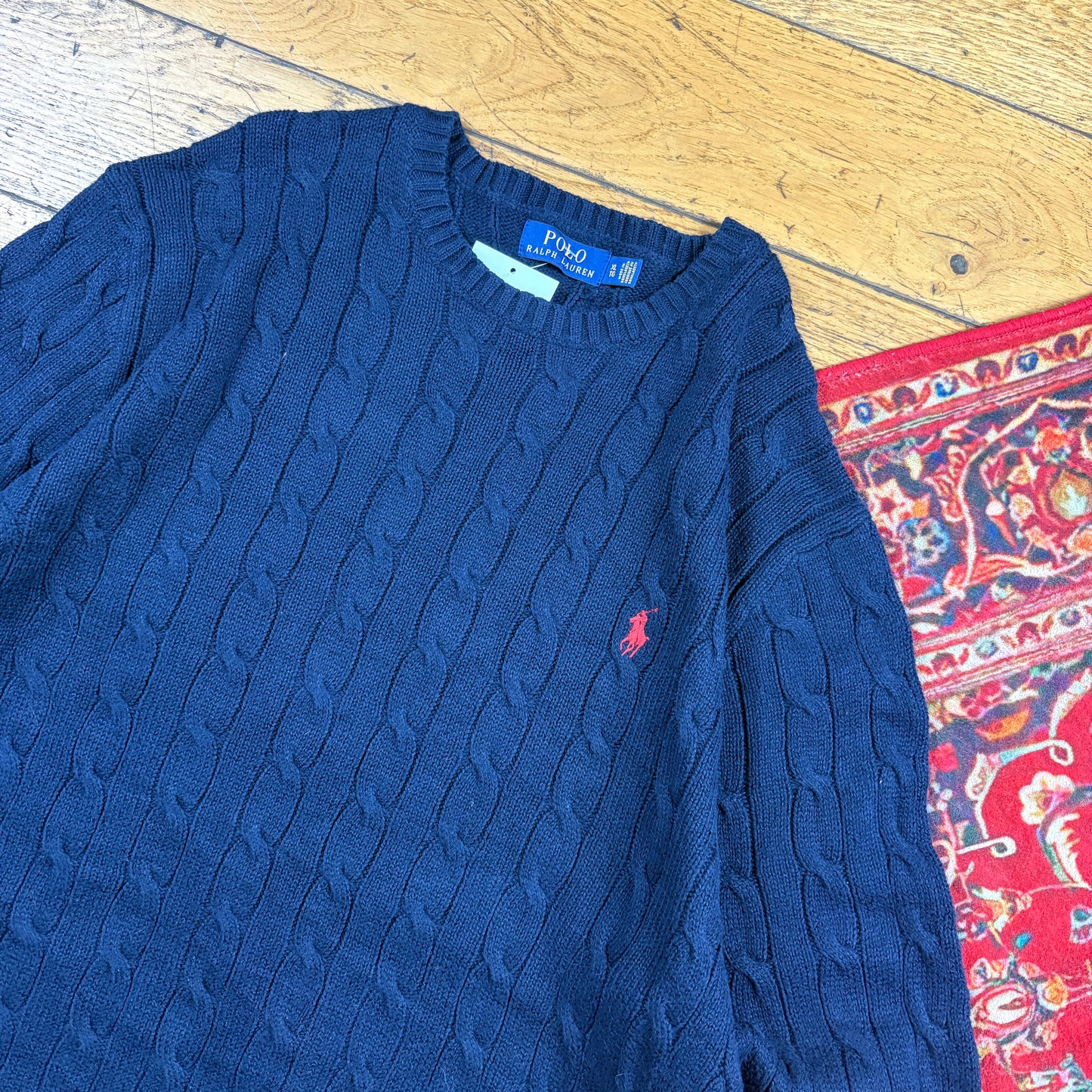 Vintage Ralph Lauren Navy Blue Cable Knit Jumper - XL