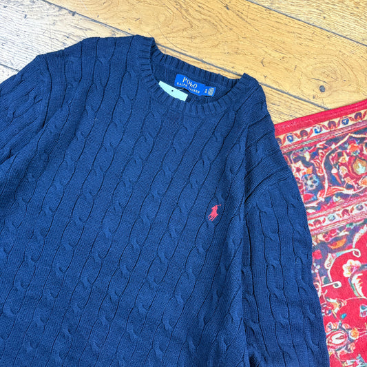 Vintage Ralph Lauren Navy Blue Cable Knit Jumper - XL