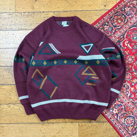 Vintage Burgundy Pattern Italian Knit Jumper - L