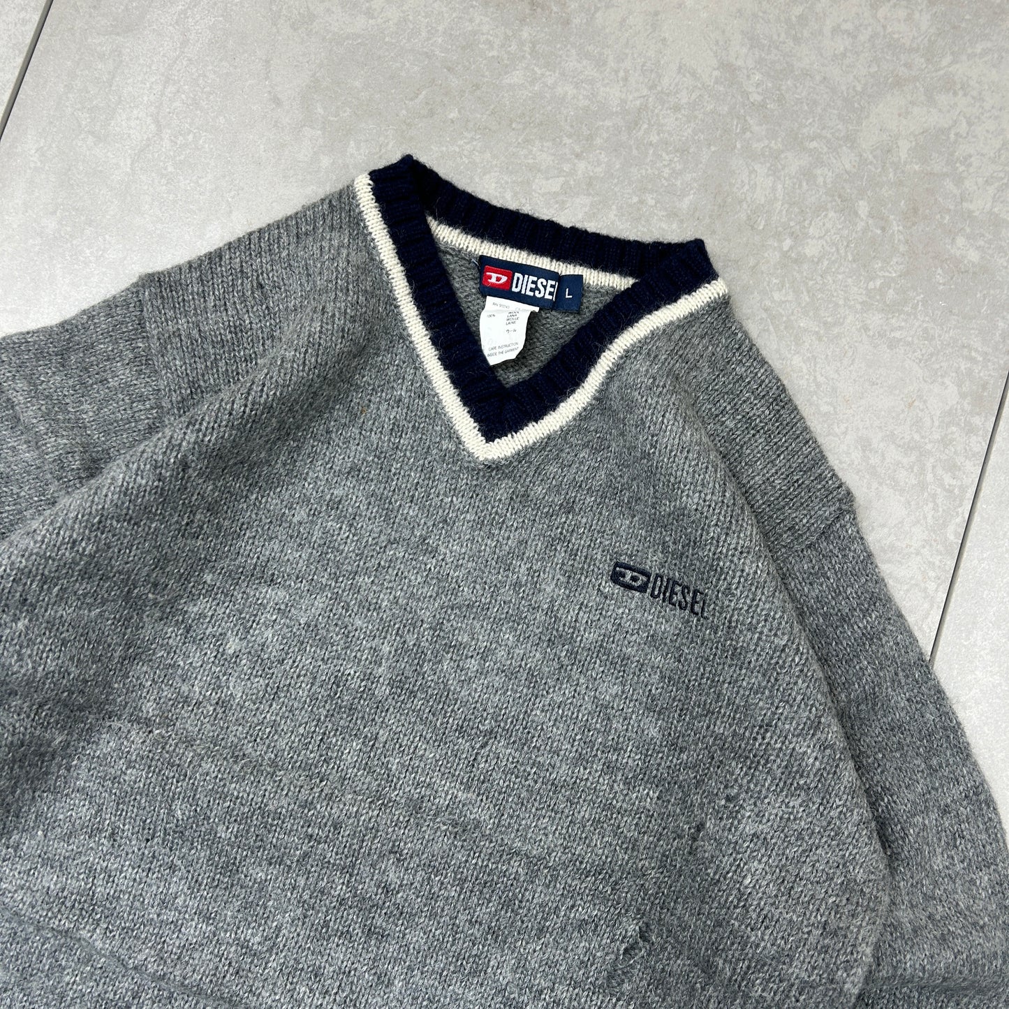 Vintage Diesel Grey Embroidered Chunky Knit Jumper - L