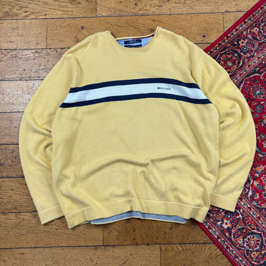 Vintage Tommy Hilfiger Yellow Embroidered Stripe Knit Jumper - XL
