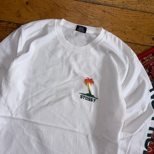 Vintage Stussy White Long Sleeve Graphic T-Shirt - XS