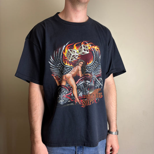 Vintage Motorbike Gambling Black Flames Graphic T-Shirt - XL
