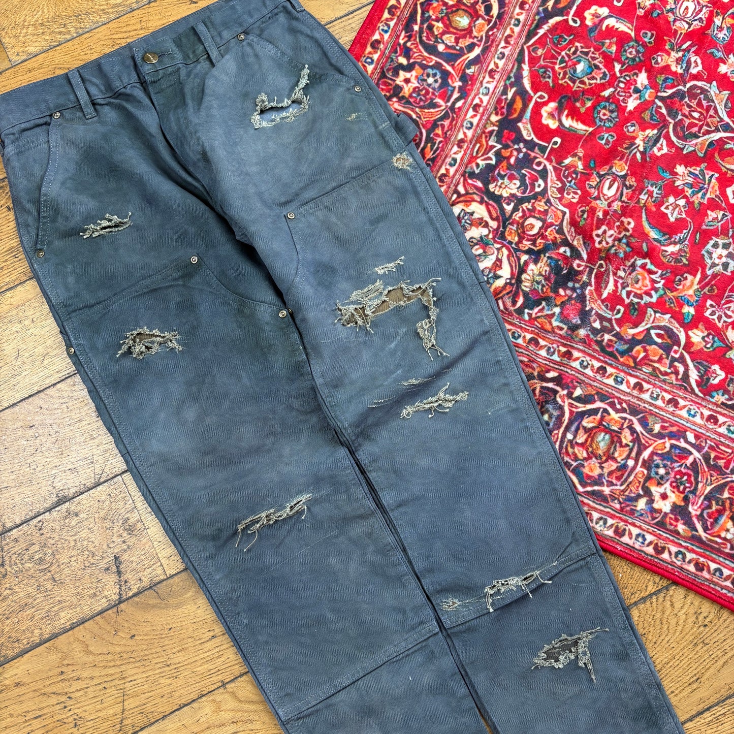 Vintage Carhartt Grey Double Knee Thrashed Workwear Carpenter Slim Trousers - 30