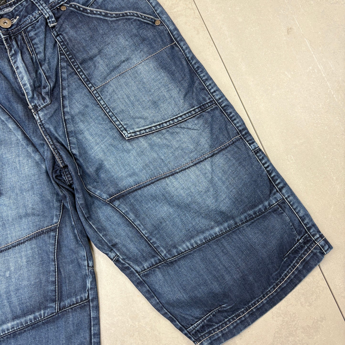 Vintage Embroidered Hip Hop Baggy Blue Shorts Jorts - 38