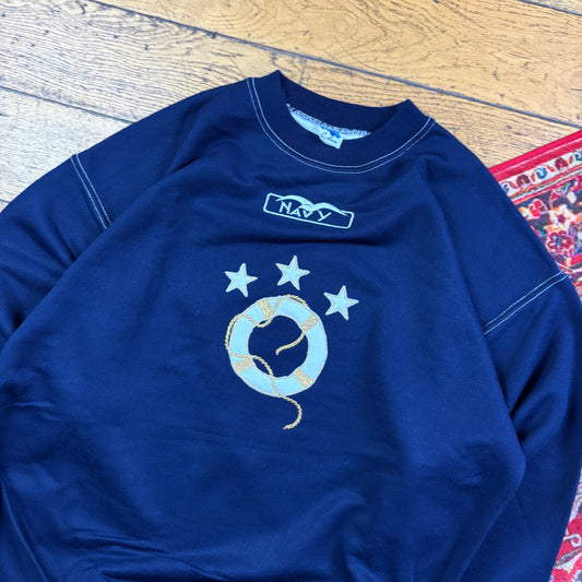 Vintage 90s Navy Sailing Yacht Embroidered Sweatshirt - L