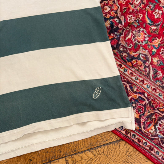 Vintage ASICs Green Cream Stripe Polo Shirt - L