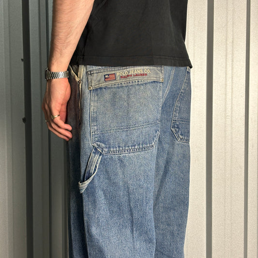 Ralph Lauren Polo Blue Embroidered Japanese Denim Hip Hop Y2K Baggy Jeans - 36R