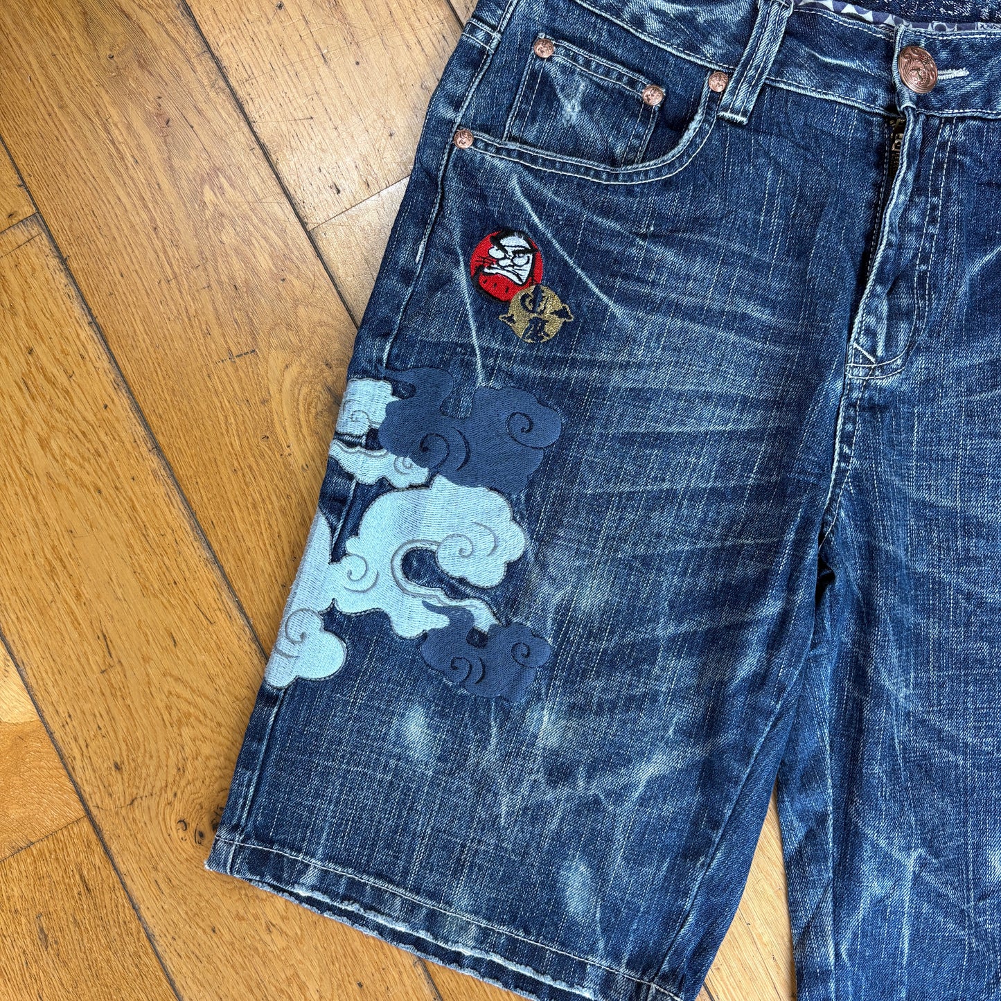 Vintage Big Train Embroidered Japanese Blue Shorts Jorts - 32