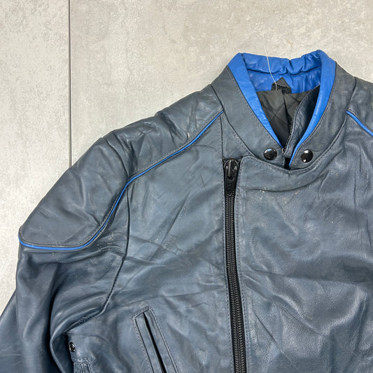 Vintage Grey Blue Biker Motorbike Genuine Leather Bomber Jacket - S