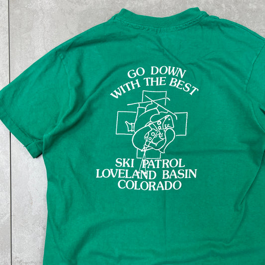 Vintage 90s Single Stitch Skiing Graphic Green T-Shirt - S
