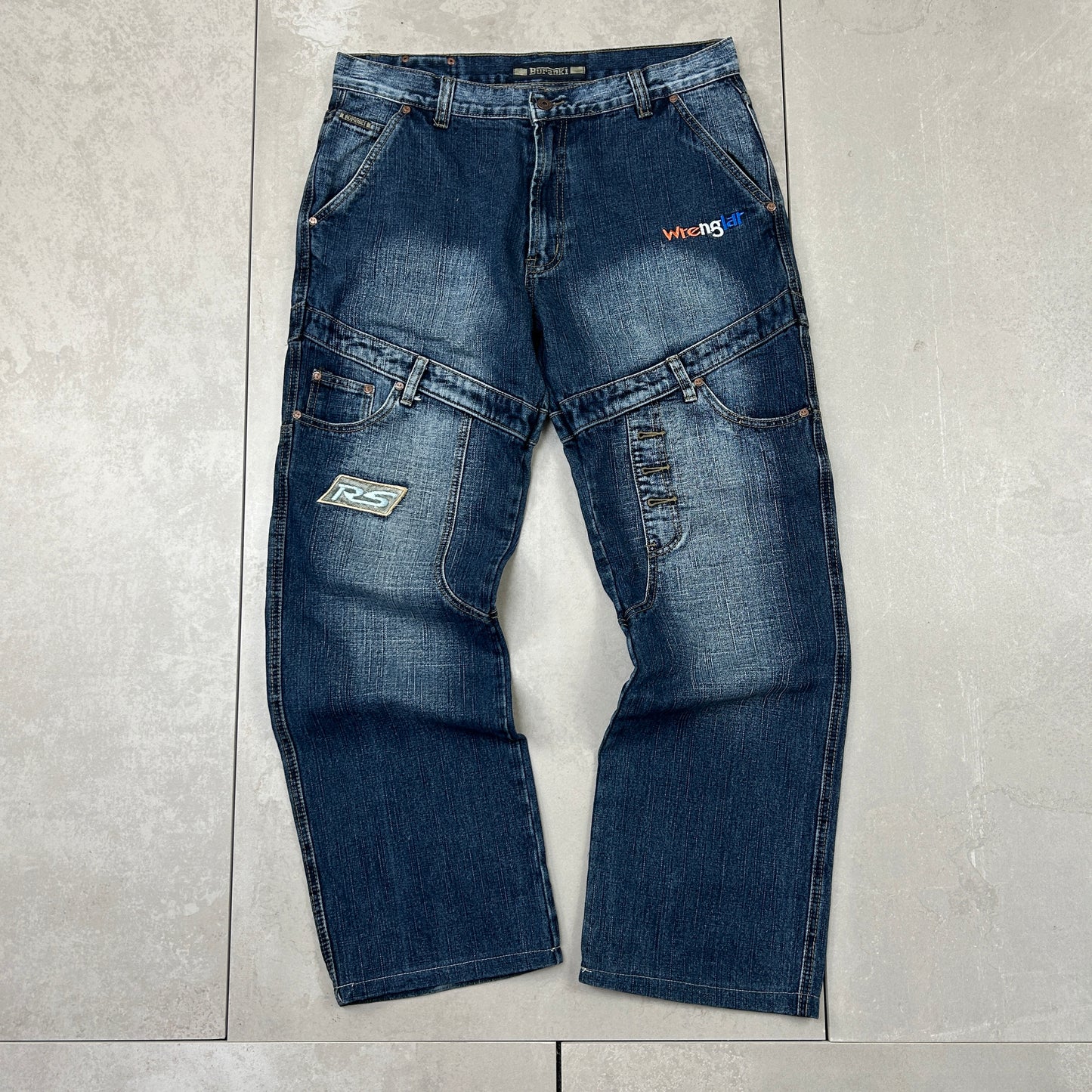 Vintage Embroidered Hip Hop Double Knee Baggy Blue Jeans - 36