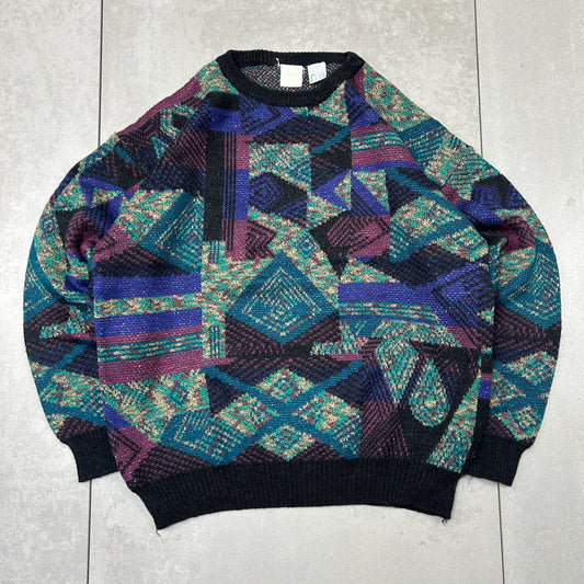 Vintage Italian Pattern Wool Chunky Knit Green Jumper - L