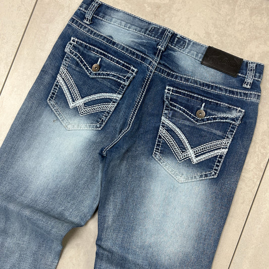 Vintage Embroidered Hip Hop Straight Blue Jeans - 33