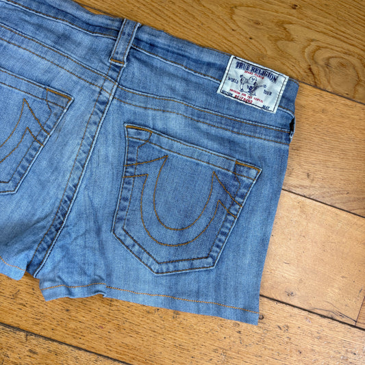 Vintage True Religion Blue Womens Mini Embroidered Y2K Shorts Jorts - Size 12