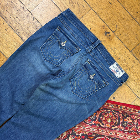 Vintage True Religion Womens Blue Embroidered Y2K Hip Hop Bootcut Jeans - Size18