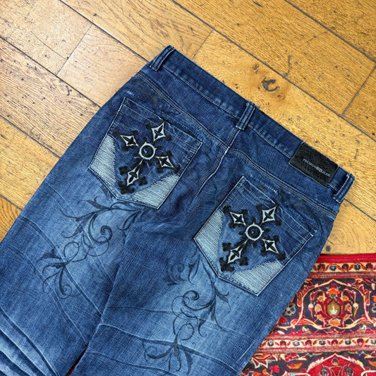 Vintage Raw Blue Embroidered Y2K Hip Hop Baggy Jeans - 36