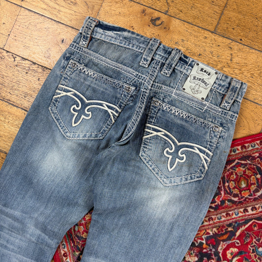 Vintage Rock Revival Blue Embroidered Y2K Hip Hop Straight Jeans - 36