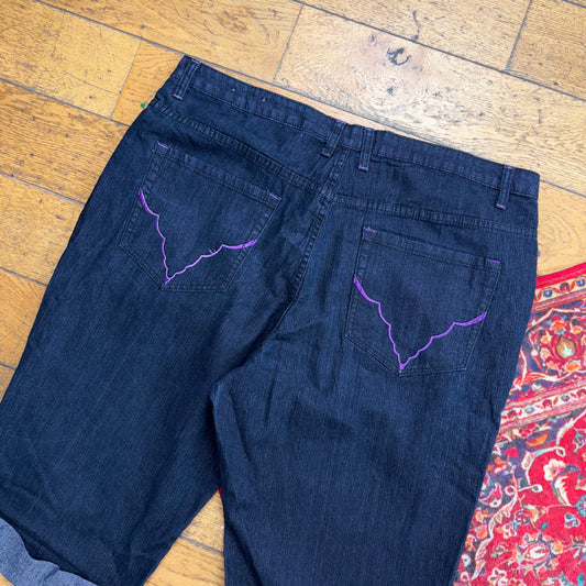 Vintage Embroidered Hip Hop Black Baggy Shorts Jorts - 42