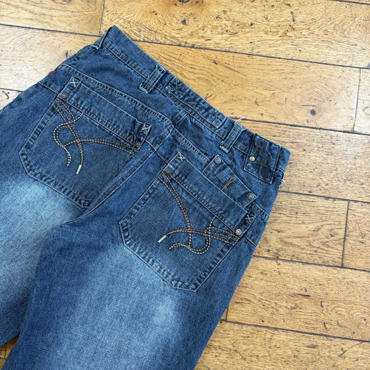 Vintage Embroidered Blue Hip Hop Baggy Shorts Jorts - 34