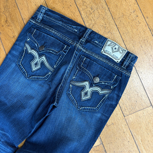 Vintage Mek Embroidered Hip Hop Blue Baggy Bootcut Jeans - 38
