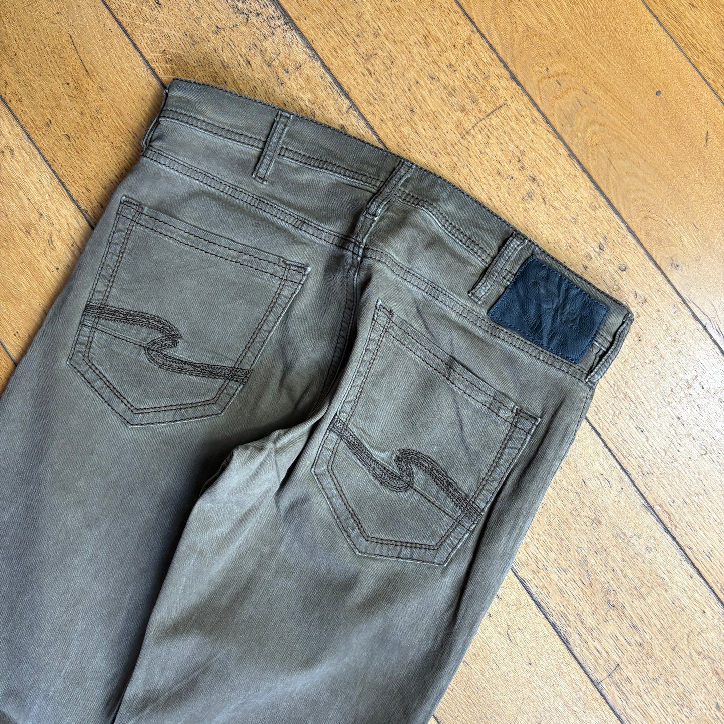 Vintage Silver Jeans Co Embroidered Green Khaki Hip Hop Straight Jeans - 35