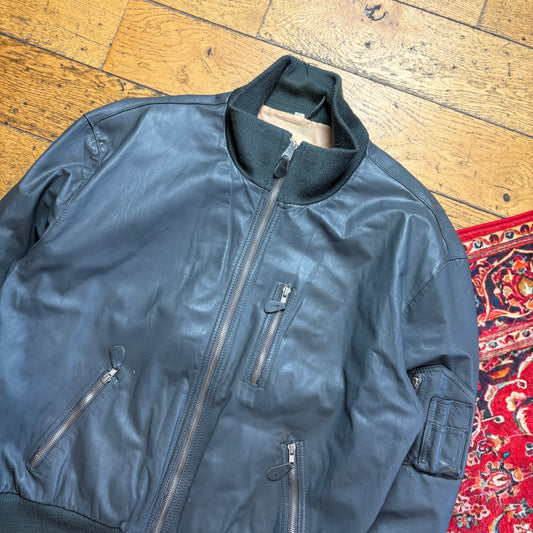 Vintage Grey Leather Aviator Bomber Jacket - XL
