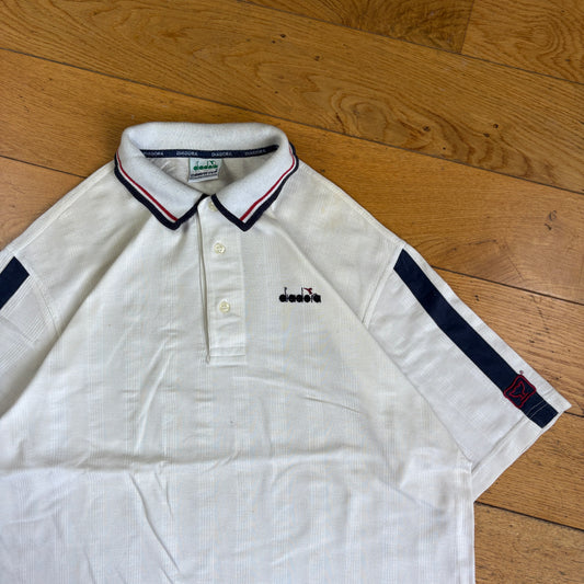 Vintage White Diadora Davis Cup Embroidered White Polo Shirt - L