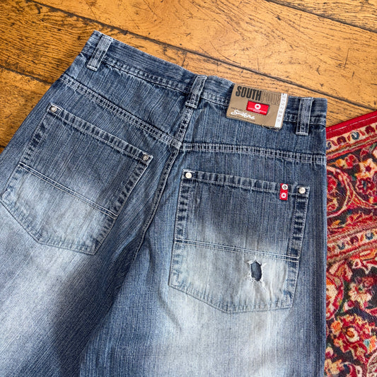 Vintage Southpole Blue Embroidered Y2K Hip Hop Baggy Jeans Shorts Jorts - 32