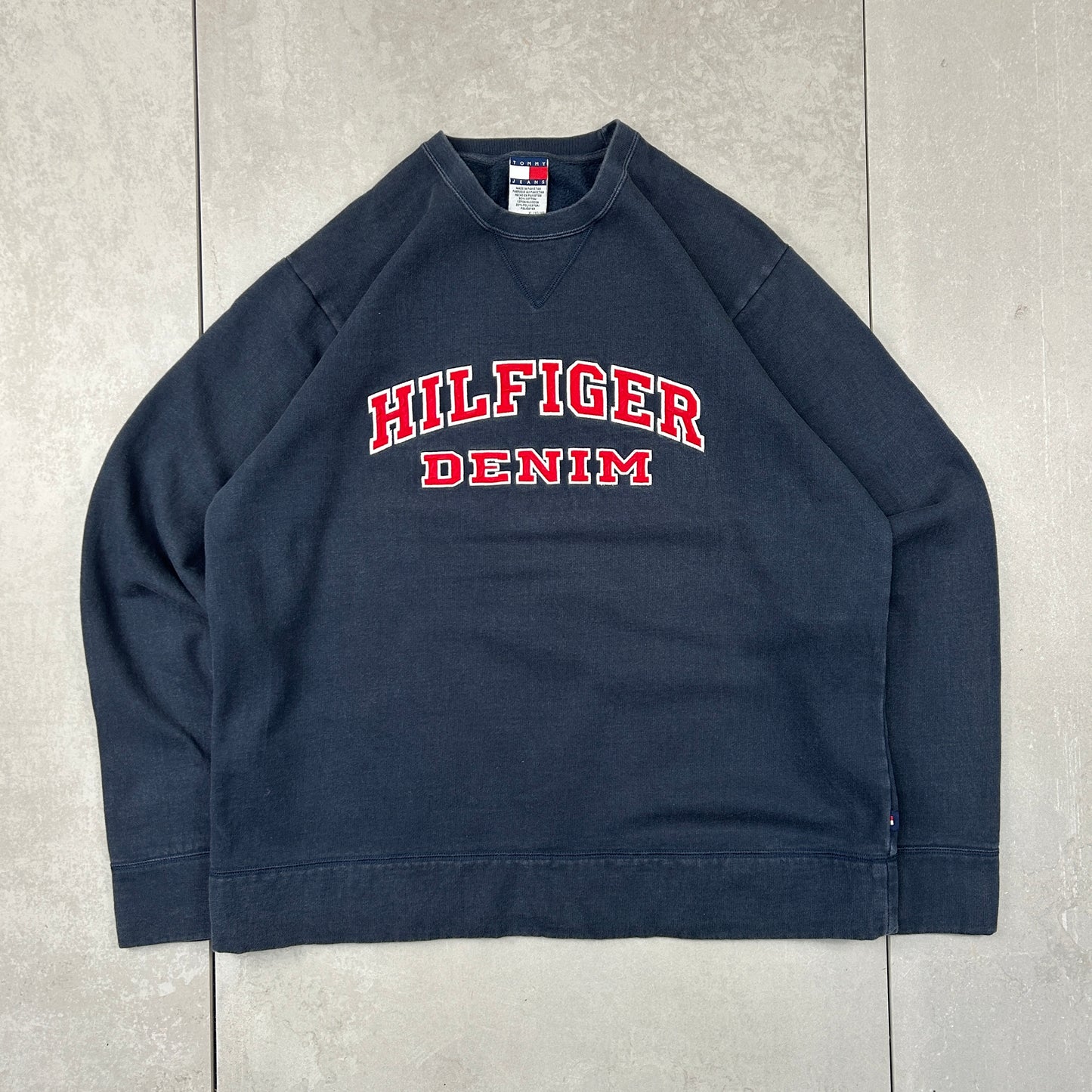 Vintage 00s Tommy Hilfiger Denim Spellout Navy Embroidered Sweatshirt - XL