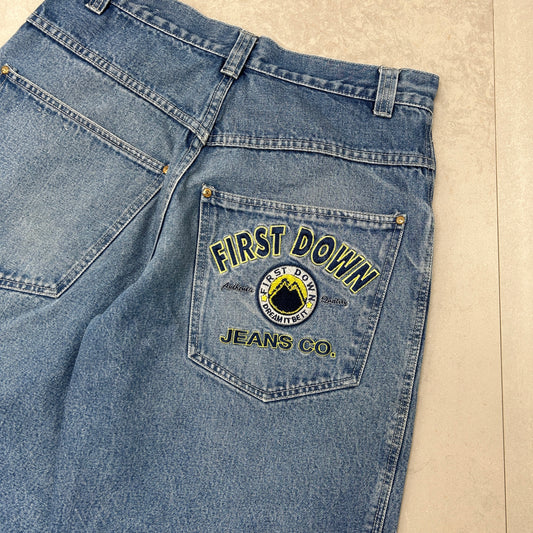 Vintage First Down Embroidered Hip Hop Baggy Blue Shorts Jorts - 33