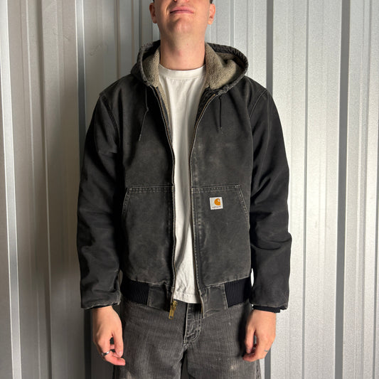 Vintage Carhartt Active Jacket Fleece Lined Workwear Hoodie Black - L